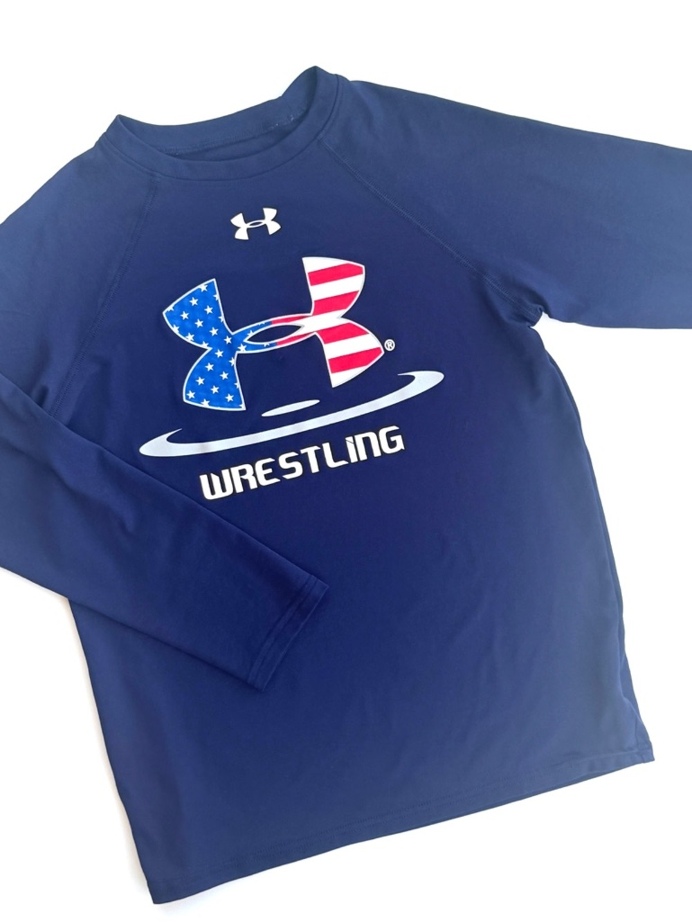Under Armour Navy Blue USA Flag Logo Wrestling Top